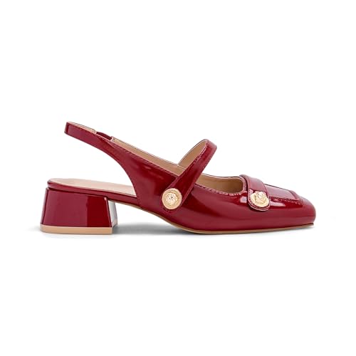 Image of Slingback Mary Jane Heels for Women Low Block Heel Closed Square Toe Pump Shoes Heels Classic Daily Office Dressy Shoes