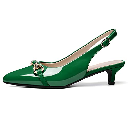 AUMOTED Women's Slingback Kitten Heels Classic Bow Pumps 1.6" Pointed Toe Ankle-Strap Low Heel for Casual Work Daily Patent Green US Size 102
