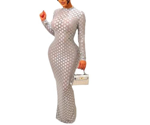 Image of Women's Casual Turtleneck Long Sleeve Elegant Long Dress Lounge Mesh Bodycon Maxi Party Dresses