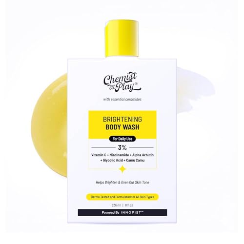 Chemist At Play Brightening Body Wash | Glowing Skin Vitamin C Bodywash | Helps to Reduce Fades Dark Spots, Tan & Evens out Skin Tone| Alpha Arbutin| 30X Vitamin C with Camu Camu | Women & Men | 236ml