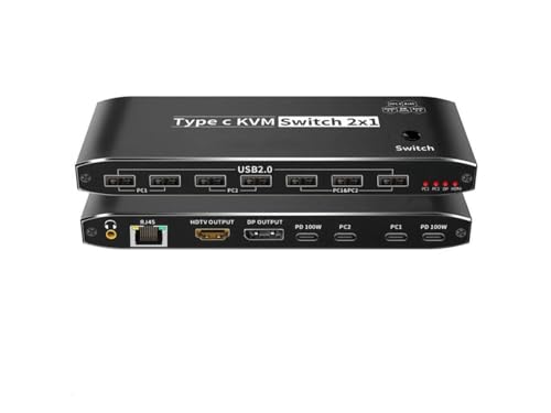 Image of MICROWARE 2X1 USB-C KVM Switch 2 PCs Share 1 Monitor + 3 USB Devices + 3.5mm Audio, 8K@60Hz USB C KVM Switch 100W PD, 2 Channel Type C PC to one HDMI /DP Output