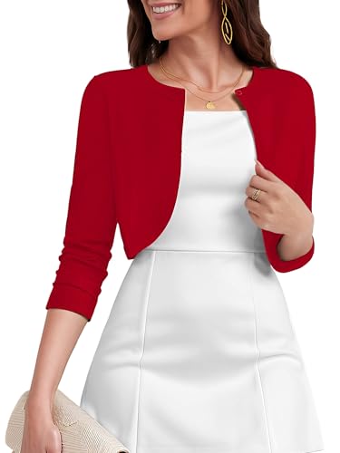 Heymoments Women's Thin Shrugs for Dresses Red Large Open Front 3/4 Sleeve Knit Lightweight Crop...