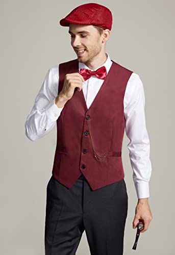 Gionforsy 1920S Mens Vest Accessories Gatsby Gangster Costume Accessories Set 20S Hat Suspenders Bow Tie Vintage Pocket Watch (Small, Wine Red) #TOP1
