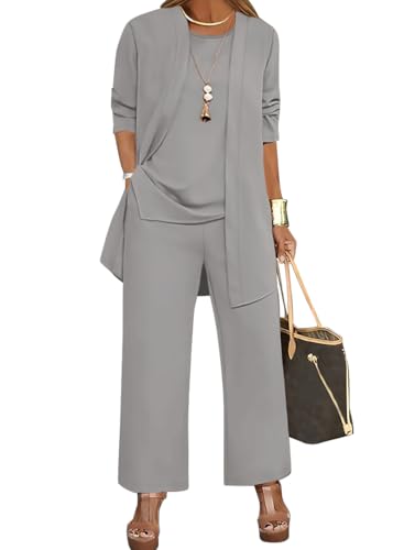 shownicer Ensemble Femme 3 Pièces Pantalons Costume De Soirée Cocktail Taille Haute Pantalons Costume Chic et Elegant Grande Taille Tenue A Gris XL