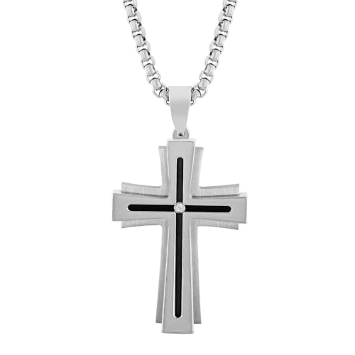 Men's Stainless Steel Layered Cross Pendant with Diamond Accent and Black Finish, 24