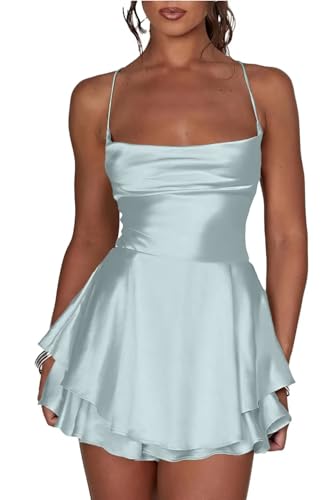 Verngo Satin Short Homecoming Dresses Spaghetti Strap A Line Ruffle Mini HOCO Dress for Teens