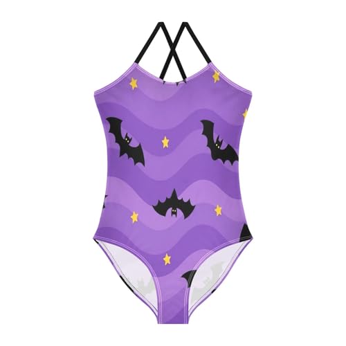 Kids Swim Suits Beach Apparel 3-10 Y with Adjustable Shoulder Strap, Black Bats Wavy Purple Yellow Stars