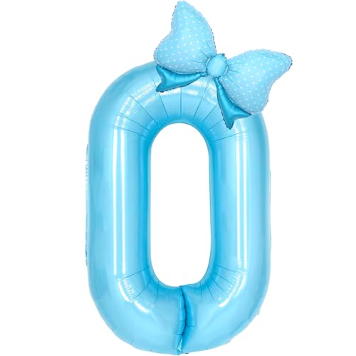 Image of Light Blue 0 Balloon Number Cute Kawaii Blue Birthday Decorations for Girls Women, Bow Balloons Foil Mylar Large 40 inch 0 Balloon for Girls Bow Coquette 0 Birthday Party Decorations Supplies
