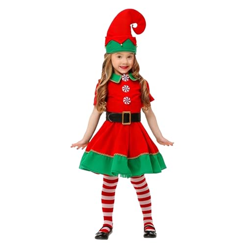Enfant Ensembles de Noël Vêtements 4 Pièces Déguisement Lutin Robe Vert à Manches Courtes et Ceinture Chapeau Chaussettes Costume de Lutin Noël Enfant...