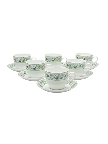 Image of Clay Craft Fine Ceramic Cup and Saucer Set of 12 (6 Cups + 6 Saucers)-220ml Each -Can be Gifted to Brother,Sister, Father,Mother, Couples on Any Festival /Occassion., Green, Medium (CC-CS12-CREAM-S343)