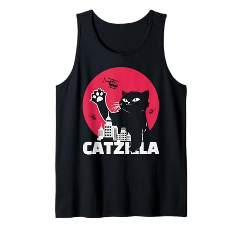 Parodia de la película Catzilla Cute Funny Cat Retro Kaiju Monster Camiseta sin Mangas