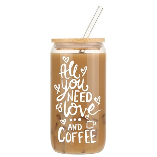 AUOIAJAS Glass Cup with Bamboo Lids and Glass Straws, All YOU NEED IS LOVE AND COFFEE Print Drinking Glasses, Gifts for Coffee Lovers, 16oz Can Shaped Glass Cups, Soda Iced Coffee Beer Glasses