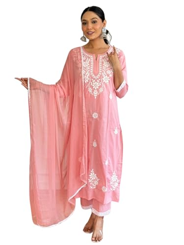Image of Yashika Women Peach Chikankari Work with Pure Cotton Fabric Straight Kurta, Pant and Dupatta Set | Kurta Set for Women