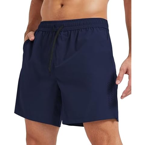 Surenow Men's Athletic Shorts Lightweight Breathable Running Shorts with Zipper Pockets, Quick Dry Gym Workout Shorts for Men Navy Blue Cover