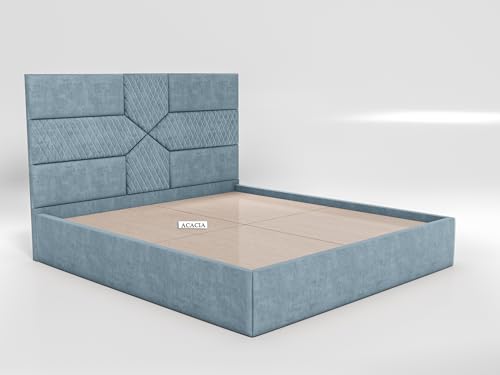 Image of Acacia Modern Upholstered King Size Bed with Box Storage for Bedroom | Wooden Double Bed with Storage | Platform Cot Bed with Upholstery Premium Fabric | 6.5 x 6 Ft | Sheesham Wood (Light Blue)