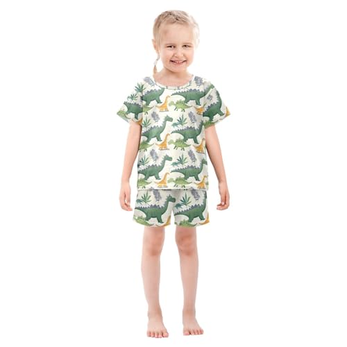 ALAZA Dinosaur Palm Tree Leaf Pajamas Set Short Sleeve Cotton Sleepwear Summer Pjs 2 Piece 5-14Y3