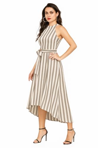 Image of Women Fit & Flare High Low Midi Dress | Sleeveless Round Neck One Piece Dress with Waist Tie Detail | Flowy Western Dress for Party and Casual Styling