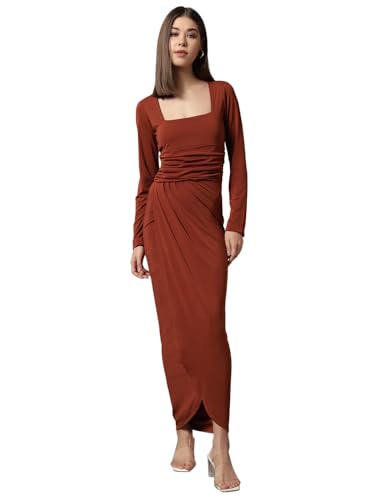 Image of Trend Arrest.ed Women's Bodycon Midi Dress | Square Neck Wrap Style | Stretchable | Full Sleeve Fitted Dress for Party, Evening, Casual Outings & Date Night