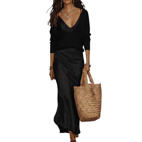 Ensemble robe maxi en satin et tricot col en V plongeant : l'élégance sans compromis