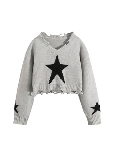 Girl's Star Print V Neck Ripped Sweaters Raw Hem Long Sleeve Crop Pullover Tops Knitwear