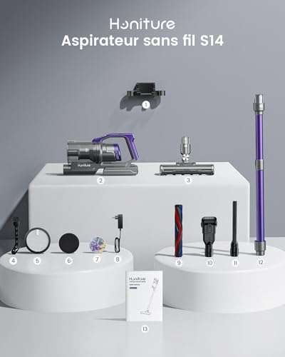 HONITURE Aspirateur Balai sans Fil, 450W/38 KPA Aspirateur sans Fil Puissant avec Écran OLED, 55 Mins, Brosse Anti-Emmêlement, Aromathérapie, Aspirateur Balai pour Poils d'animaux Tapis Voiture【S14】