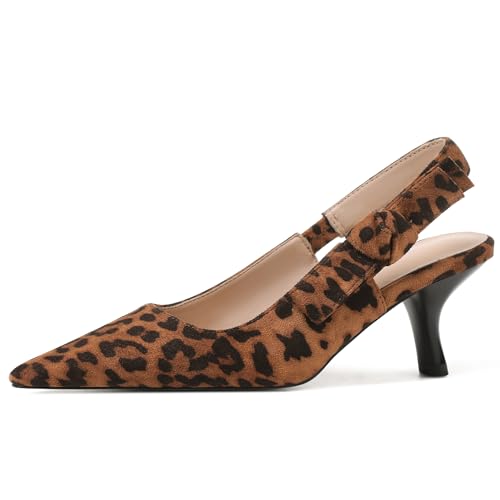 Erocalli Slingback Kitten Heels for Women Closed Pointed Toe Bowknot Knitted Slip On Wedding Party Dress Leopard Pumps Shoes