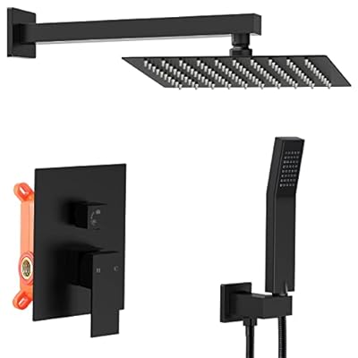 HGN Matte Black Shower Faucets Sets Shower System 10 Inches Rain Shower Head with Handheld Shower Valve and Trim Kit Pressure Balance