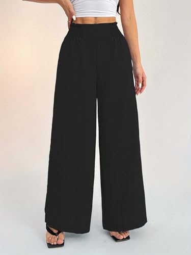 Image of Sugathari Women's Casual Wide Leg Pants - High Waist Elastic Waistband Loose Fit Long Trousers | Lightweight Straight Leg Summer PantsTrouser 254