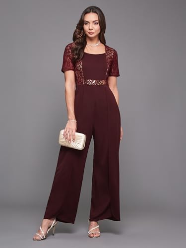 Image of Miss Chase Women's Halter Neck Sleeveless Solid Wide Leg Sequin Paneled Regular Length Jumpsuit