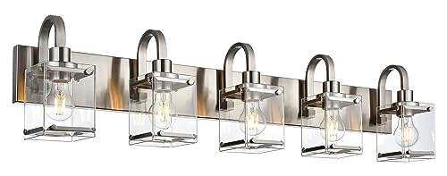 Image of Bathroom Vanity Light 5-Light Wall Sconce Lighting Modern Wall Light with Clear Glass Shade Modern Brushed Nickel Wall Lamp Mounted Lights Over Mirror for Living Room, Bedroom, Hallway