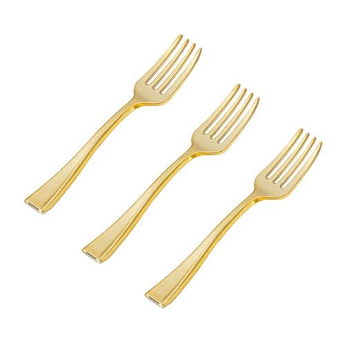N9R 200PCS Gold Plastic Mini Forks 4 Inches Heavy Duty Disposable Cocktail Dessert & Appetizer Forks Elegant Party Serving Utensils for Tastings Finger Foods Weddings Events