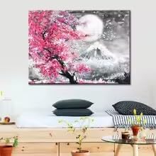 DIHANSM Skandinavische Wandkunst Japanischer Berg Fuji Kirsche Aquarell Heimdekoration (75x110cm/Galerie-Wrap)