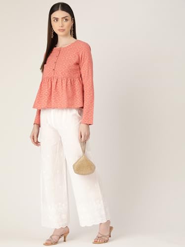 Image of feranoid White Chicken Embroidred Cotton Regular Fit Palazzo