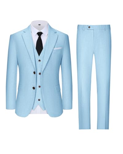 Linen Men’s Suits Slim Fit 3 Piece Blazers Jackets Vest Pants Linen Suit Set for Men Groom Wedding Outfit Light Blue XL3