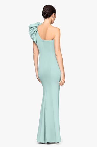 Image of Betsy & Adam Women's Long Halter Scuba Crepe Tiered Ruffle Slit Gown