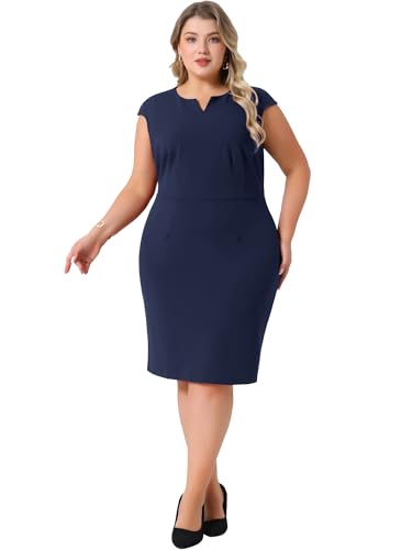 Image of Agnes Orinda Plus Size Sheath Dresses for Women Notched V Neck Sleeveless Business Pencil Work Dress