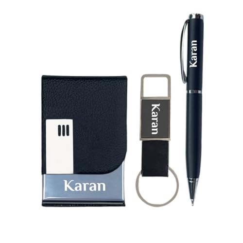 Image of Giftana Personalized Card Holder with Pen, Keychain with Name, 3 in 1 Customized Pen, Card Holder, Keychain Gift Set, Personalised Gifts for Husband, Corporate Gifts for Employee (Black)