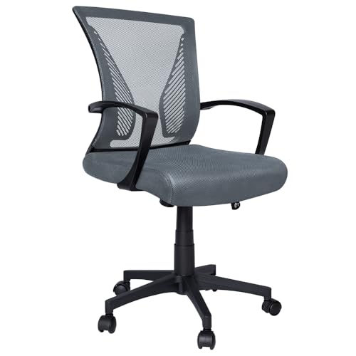 VOUNOT® Sedia da Ufficio Scrivania Ergonomica, Poltrona Ufficio da Computer ad Altezza Regolabile con Supporto Lombare e Braccioli Fissi, Schienale in Rete Girevole a 360°, Grigio