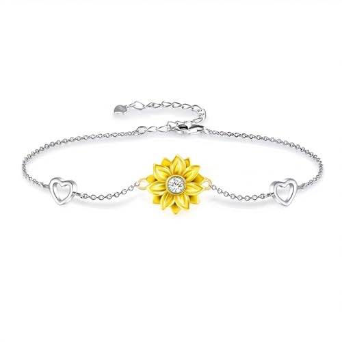 Belons Pulsera de plata de ley 925 con circonita cúbica y corazones de girasol,...