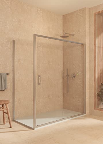 SOULBATH Mampara Angular corredera + Fijo + Lateral Fijo, con Perfil Inferior, Fácil instalación Vidrio de Seguridad 6mm antical, 140-144cm Ancho x Fijo 67,5-70cm H=195cm, Plata Brillo