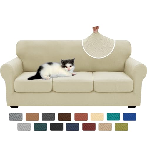 XINEAGE New 4 Pieces Couch Covers for 3 Cushion Couch Super Stretch Thick Soft Sofa Cover Anti Slip Sofa Slipcover Dogs Cats Furniture Protector (Light Beige, 71"-91")