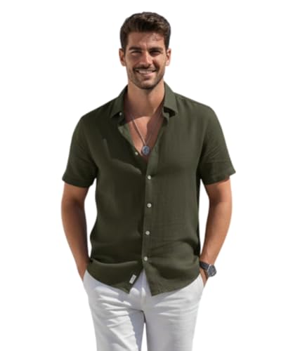 Image of VastraVibes Premium Cotton Linen Shirt for Men | Half Sleeve Slim Fit Casual Shirts | Lightweight Beach Wear & Festive Outfits | Trending Pastel Colors