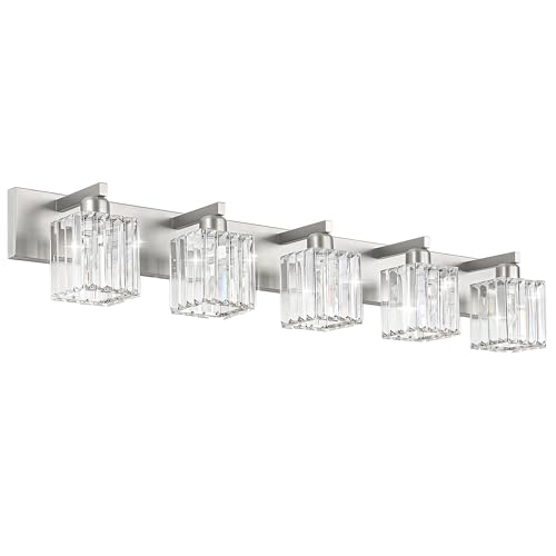 Image of Aipsun Brushed Nickel Bathroom Lighting Fixtures 5 Light Vanity Light Crystal Modern Bathroom Vanity Light (Exclude Bulb)