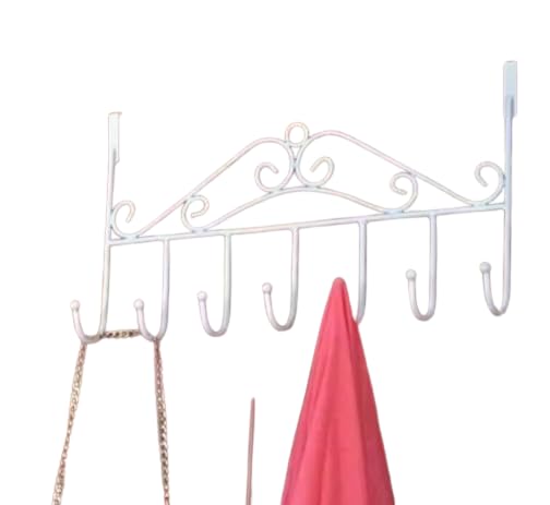 Over the Door Hook Rack, 7 Hooks, White Metal, 38.4x24.1 cm | Decorative Scroll Design, No Tools Needed, Coats & Bags Organiser, Space-Saving Storage, 7 Double Hooks-image-24