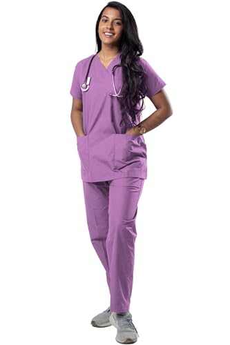 Image of Uniform Craft Women's 4 Pocket Scrub Suit Set | Medical Uniform | Cross V-Neck Poly Cotton | Short Sleeve Hospital Wear | Ideal for Doctors & Nurses (Lavender, 3XL)