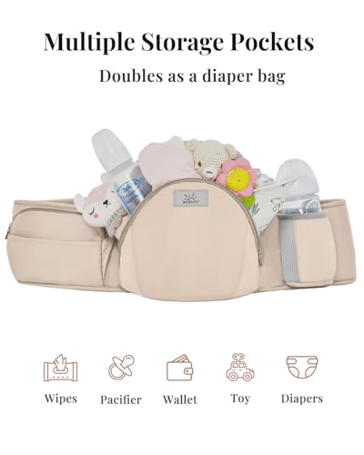 Image of MOMTORY StowNGO Pro Safety-Certified Ultra Storage Baby Carrier, Khaki | Plus Size Friendly, 6 Carry Positions, Front & Back, Baby Carrier With Hipseat, Fits 7-50lbs Newborn To Toddler