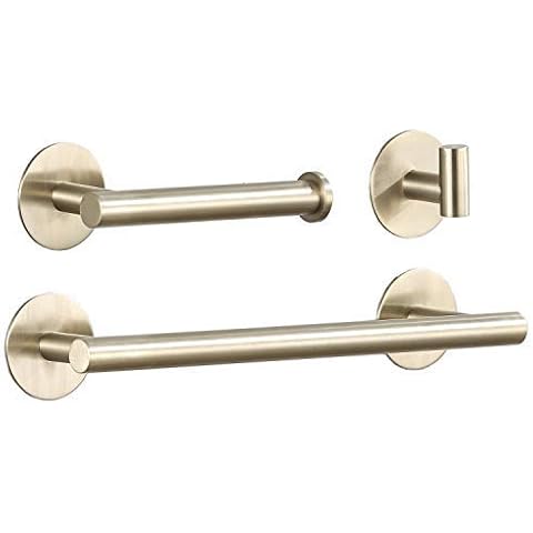 Adhesive Bathroom Accessories Set Brushed Gold 12" Towel Rail Toilet Roll Paper Holder Robe Hook, 3-Piece No Drilling Bath Hardware Set Cover