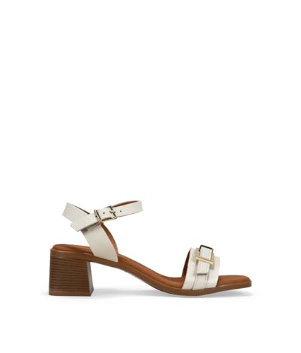 BOSANOVA Sandalias de tacón para Mujer en Piel grabada con Hebilla Dorada Decorativa y Suela con tacón Ancho Efecto Madera. Cierre con Hebilla. Calzado para Mujer Blanco 36