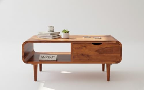 Image of Sheeshsam Wooden Center Coffee Table with Drawer & Shelf - Solid Wooden Coffee Table for Living Room - Tea Table Teapoy Center Piece for Home Sofa Center Table for Living Room (Honey, Scott)