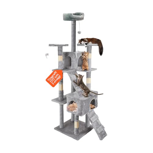 Tiragraffi XXL 170cm con Doppia Cuccia per Gatti Adulti, Albero Giochi in Sisal e Peluche, Piatteforme Relax, Ampio e Sicuro per il Massimo Divertimento dei Gatti Grigio